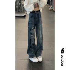 批发美式街头泼墨<b class='q'>牛仔裤</b>男款潮牌宽松阔腿弯刀裤子复古做旧慵懒拖地裤