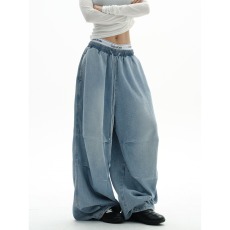 批发潮流美式复古抽绳<b class='q'>牛仔裤</b>男女松紧腰宽松跳舞休闲裤子水洗浅色长裤