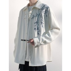 批发新中式长袖衬<b class='q'>衫</b>男春秋季潮宽松大码刺绣国风痞帅<b class='q'>寸</b><b class='q'>衫</b>古风盘扣上衣