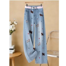 批发浅蓝色<b class='q'>牛仔裤</b>女2026年春秋新款宽松垂感卡通独角兽刺绣阔腿九分裤