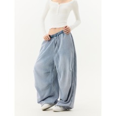 批发潮流新款文艺复古水洗做旧宽松阔腿长裤春夏款褶皱<b class='q'>牛仔裤</b>男女潮牌