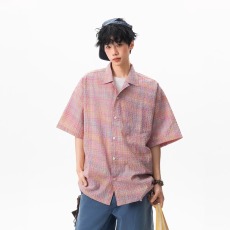 批发美式格纹泡泡纱<b class='q'>短袖</b>T恤<b class='q'>衬衫</b>男<b class='q'>女</b>夏季薄款设计感半袖宽松速干外套