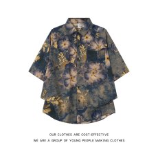 批发秋季美式潮牌<b class='q'>休闲</b>新中式古着感港风印花宽松长袖衬衫上衣男