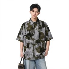 批发夏季美式复古<b class='q'>休闲</b>水墨晕染艺术感港风短袖花衬衫上衣男女潮