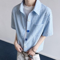 批发美式复古格子衬衫男女夏季潮牌<b class='q'>休闲</b>趣味纽扣宽松情侣cleanfit短袖