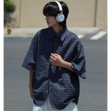 批发ins日系复古格纹短袖衬衫男女夏季新款宽松<b class='q'>休闲</b>情侣格子衬衣T恤潮