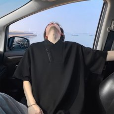 批发2026美式潮牌痞帅夏季华夫格半拉链翻领短袖宽松男女<b class='q'>休闲</b>T恤上衣