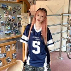 批发美式复古高街V领球衣短袖T恤男女夏季运动拼接网眼宽松<b class='q'>休闲</b>上衣潮