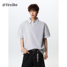 批发浅灰色假两件格子polo衫<b class='q'>短袖</b>t恤男款夏季潮牌美式复古拼接<b class='q'>衬衫</b>领