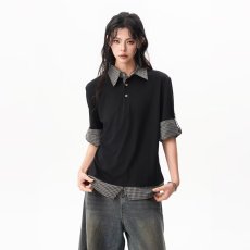 批发2026新款POLO领针织短袖T恤女设计小众时尚纽扣翻领上衣正肩体恤