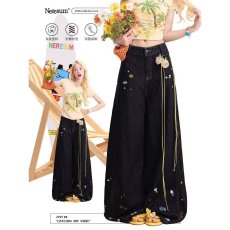 批发美式复古卡通刺绣弯刀牛仔裤男<b class='q'>女</b>春季新款水洗阔腿休闲<b class='q'>长裤</b>子