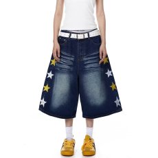 批发夏季美式休闲痞帅复古做旧刺绣牛仔短裤男直筒宽松高街五分裤子潮