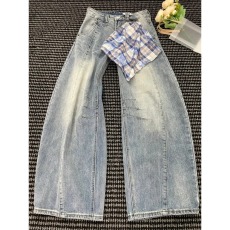 批发美式复古蓝弯刀牛仔裤ins可拆卸腰挂方巾阔腿工装裤潮牌解构<b class='q'>长裤</b>