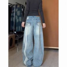 批发美式复古蓝<b class='q'>设计</b>感阔腿牛仔裤女春季潮牌高腰宽松显瘦直筒拖地裤
