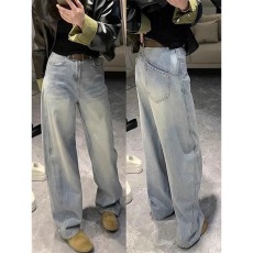 批发美式复古大码胖mm百搭显瘦时尚御姐气质<b class='q'>设计</b>感牛仔裤女直筒裤韩版