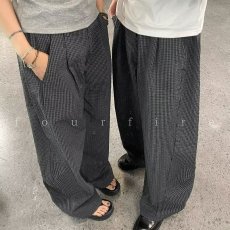 批发夏季格纹新款立体剪裁A字版型双褶阔腿休闲可调节腰头通勤<b class='q'>长裤</b>潮