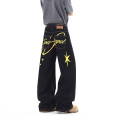 批发趣味字母印花牛仔裤女男春季宽松直筒阔腿裤<b class='q'>设计</b>感显瘦百搭休闲裤