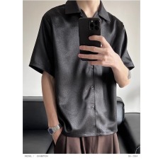 批发cleanfit夏季醋酸混纺冰丝垂坠雾面仿皮纹理短袖衬衫<b class='q'>男</b>古巴领衬衣