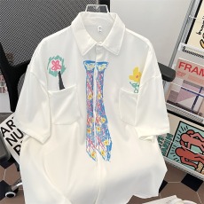 批发蜡笔手绘领带白色短袖<b class='q'>衬衫</b>男款夏季设计感学院风<b class='q'>衬衣</b><b class='q'>情侣</b><b class='q'>半袖</b>外套
