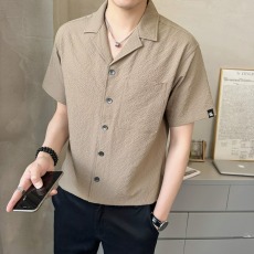 批发西装领<b class='q'>衬衫</b><b class='q'>男士</b><b class='q'>短袖</b>夏季薄款潮流复古褶皱设计感休闲半袖<b class='q'>衬衣</b>男装