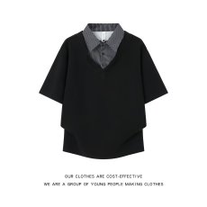 批发假两件拼接polo领短袖男女夏季宽松设计感<b class='q'>衬衫</b>百搭<b class='q'>情侣</b><b class='q'>半袖</b>上衣