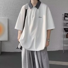 批发美式简约撞色格子拼接短袖t恤<b class='q'>男</b>女2025夏季新款POLO领上衣<b class='q'>体恤</b>衫