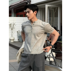 批发重磅华夫格亨利领短袖T恤<b class='q'>男装</b>夏季美式潮牌纯色宽松休闲半袖体恤