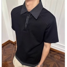 批发浅灰色假两件条纹polo衫短袖t恤男款夏季潮牌美式复古拼接<b class='q'>衬衫</b>领