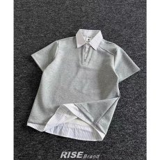 批发2026夏季美式复古条纹假两件短袖POLO衫<b class='q'>男</b>女潮牌宽松百搭情侣<b class='q'>体恤</b>