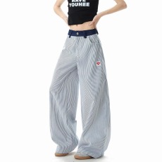 批发美式复古竖条纹裤子男夏季薄款潮牌刺绣爱心高街宽松休闲阔腿<b class='q'>长裤</b>