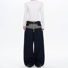 批发美式复古拼接排扣水洗做旧<b class='q'>牛仔裤</b>男女潮牌宽松直筒vibe裤子