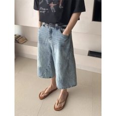 批发美式复古水洗做旧牛仔短裤男夏季潮牌cleanfit高街宽松阔腿七分裤