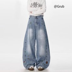 批发日系潮流新款宽松卡通刺绣弯刀<b class='q'>牛仔裤</b>男女美式复古水洗阔腿休闲裤