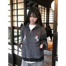 批发美式复古红星独角兽刺绣拉链连帽<b class='q'>卫衣</b>男女<b class='q'>开衫</b>高街条纹休闲外套
