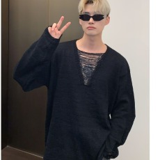 批发2025时尚小众镂空v领设计<b class='q'>长袖</b><b class='q'>t</b><b class='q'>恤</b><b class='q'>男</b>宽松薄款针织衫潮流内搭打底衫