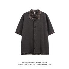 批发夏季复古格子拼接假两件短袖<b class='q'>衬衫</b>男2026潮牌<b class='q'>情侣</b><b class='q'>宽松</b>上衣