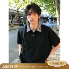 批发美式复古千鸟格短袖T恤男夏季新款宽松百搭polo衫翻领半袖上衣ins