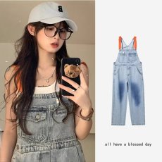 批发美式复古牛仔背带裤宽松春秋季高腰<b class='q'>显瘦</b>直筒阔腿长裤吊带连体裤