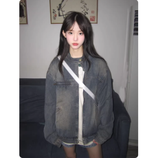 批发美式复古水洗做旧牛仔<b class='q'>外套</b>女春秋新款<b class='q'>大码</b>宽松工装夹克上衣ins潮