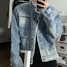 批发美式复古春秋季毛边<b class='q'>设计</b>感水洗渐变色牛仔外套男潮牌街头宽松夹克