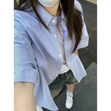 批发港味潮流条纹衬衫短袖女2026年夏季薄款宽松百搭显瘦叠穿衬衣外穿