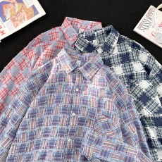 批发潮牌格子流苏衬衫男长袖春<b class='q'>秋</b>宽松百搭情侣款寸衣休闲衬衣外套上衣