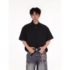 批发2026夏季痞帅<b class='q'>男生</b>垂感立领衬衣男短袖宽松新中式男装黑衬衫上衣