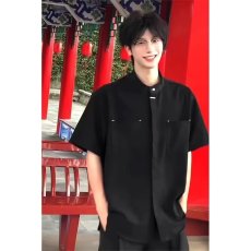 批发2026夏季痞帅<b class='q'>男生</b>垂感立领衬衣男短袖宽松新中式男装黑衬衫上衣