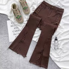 批发美式复古<b class='q'>显瘦</b>毛边微喇叭裤女春季新款高腰开叉<b class='q'>牛仔裤</b>阔腿长裤子潮