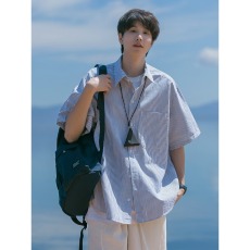 批发美式复古条纹短袖衬衫男2026年新款夏季宽松休闲<b class='q'>男生</b>工装衬衣潮流