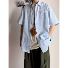 批发日系蓝色条纹短袖衬衫男潮牌学生休闲五分袖衬衣<b class='q'>外套</b>夏季复古上衣