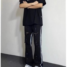 批发高级感泼墨牛仔裤男破洞补丁秋冬季新款<b class='q'>韩版</b>时尚黑灰色修身小脚裤