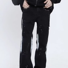 批发高级感泼墨牛仔裤男破洞补丁秋冬季新款<b class='q'>韩版</b>时尚黑灰色修身小脚裤