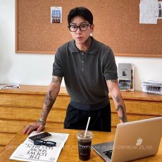 批发美式复古纯色针织polo衫男成熟稳重修身短袖收腰紧袖t恤冰丝线衣